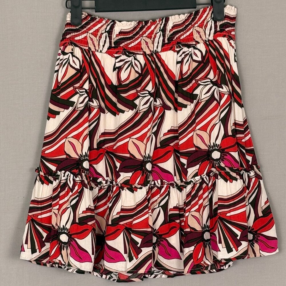 Anthropologie Floral Tiered Mini Skirt Red Tan Brown Print Size S